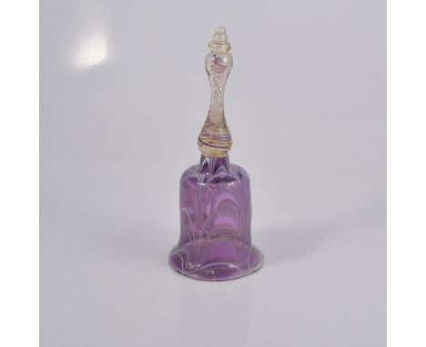 An amethyst festoon glass ornamental table bell, 28cm, tall blue glass flute; moulded glass door handles, and other glass ite