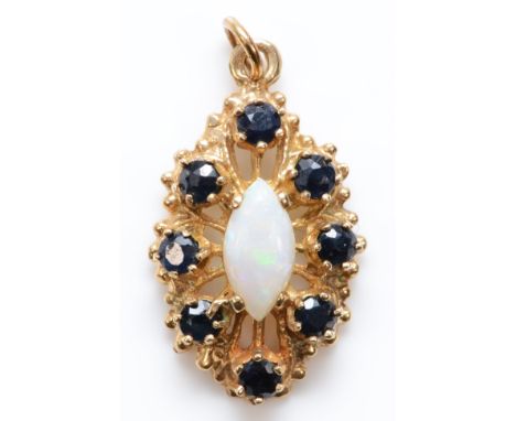 A 9ct gold sapphire and opal floral pendant, flashes of red, blue and green, 20 x 12mm, 1.6gm. 