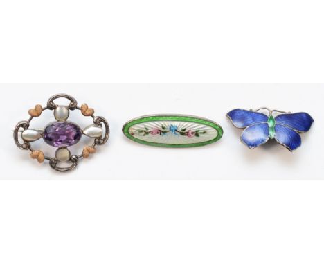 A vintage silver guilloche enamel floral oval brooch, by John Aitken, 34mm, together with a silver enamel butterfly brooch, a