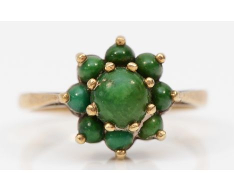 A 9ct gold green turquoise cluster ring, O-P, 3.1gm. 