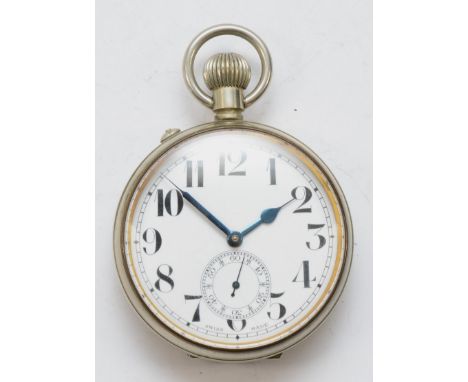 A Swiss made nickle plated Goliath key less wind pocket watch, the enamel dial set with Arabic numerals, seconds subsidiary d