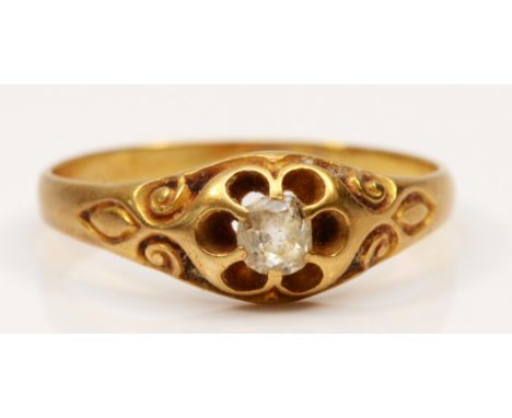 A Victorian 18ct gold single stone old cut diamond dress ring, T, 3.6gm.The hallmarks are worn, only, maker, crown, 18, two m