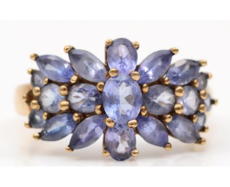 A 9ct gold tanzanite cluster ring, O-P, 3.2gm. 