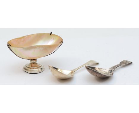 A George V silver mother of pearl caviar bowl, by William Adams, Birmingham 1922, together with two Georgian silver caddy spo