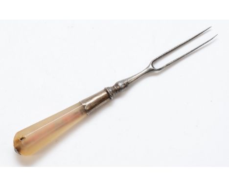 An 18th century silver and steel chalcedony handled two pronged fork, unmarked, possibly Scottish, 14.5cm. 27gm. 