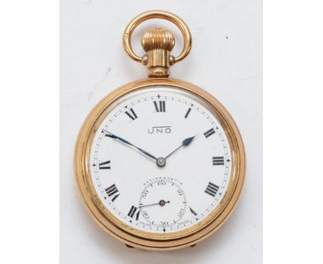 Uno, a gold plated open faced key less wind Antimagnetic pocket watch, the enamel dial set with Roman numerals and Arabic num