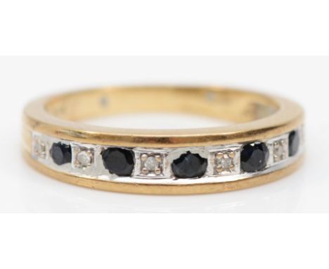 A 9ct gold sapphire and diamond half eternity ring, L, 2.5gm. 