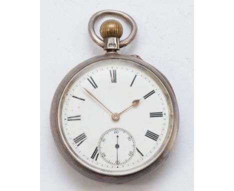 John Vincent of Weymouth, a silver cased open faced key less wind pocket watch, Chester 1902, the enamel dial set with Roman 
