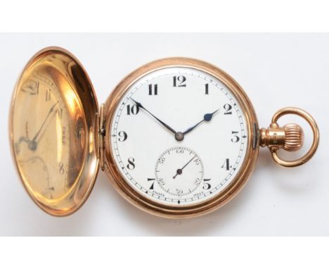 Dennison, a 9ct gold hunter key less wind pocket watch, Birmingham 1929, the enamel dial set with Arabic numerals and seconds