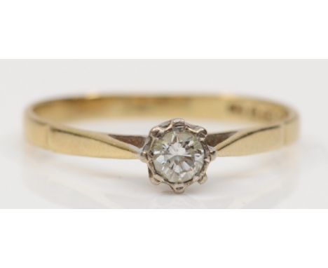 A 9ct gold single stone brilliant cut diamond ring, estimated weight .15, O, 1.2gm. 