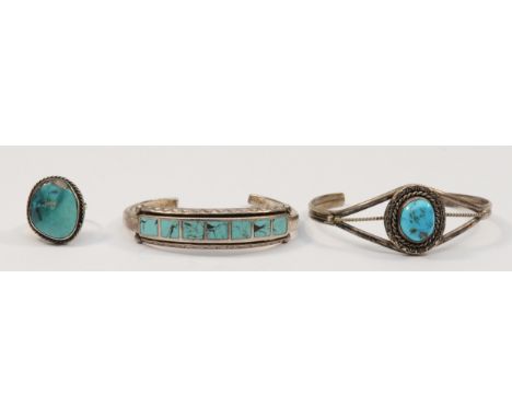 Two silver native American turquoise bracelets, unmarked, and a silver turquoise free form ring, 40gm. 