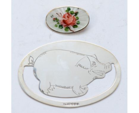 A Danish sterling silver and guilloche enamel floral brooch, by David Anderson, 27mm, together with a silver pig bookmark, 13