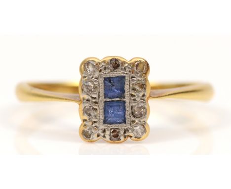 An Art Deco 18ct gold sapphire and mine cut diamond dress ring, L, 1.8gm. 