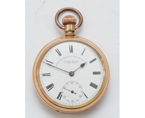 Grant & Son of Carlisle, A gold plated open faced key less wind pocket watch, the enamel dial inscribed Watchmakers to the Ad