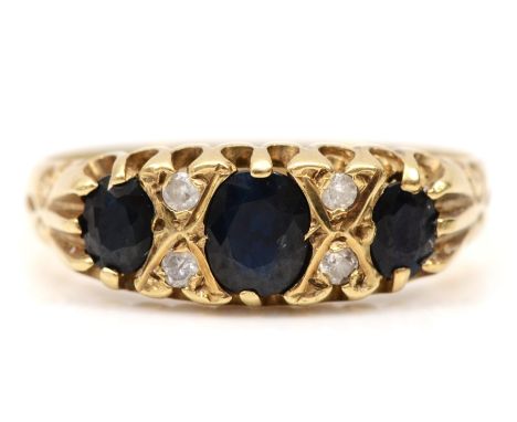 A 9ct gold sapphire and eight cut diamond dress ring, N-O, 2gm. 