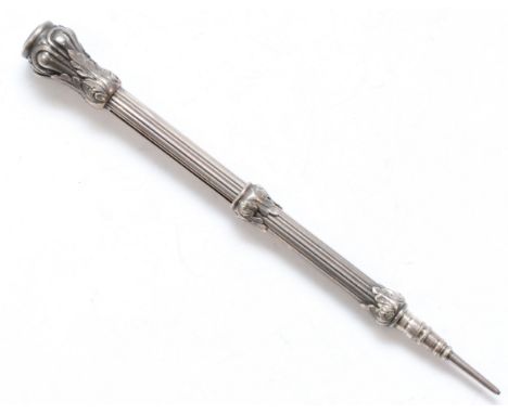 An early 20th century silver bodied propelling pencil, by S. Mordan&amp; Co, purple paste stone finial, 11cm. 