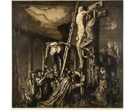 FRANK BRANGWYN (1867-1956) etching - crucifixion scene, signed in pencil, 76 x 78cmsAuctioneer's Note: an interesting and pow