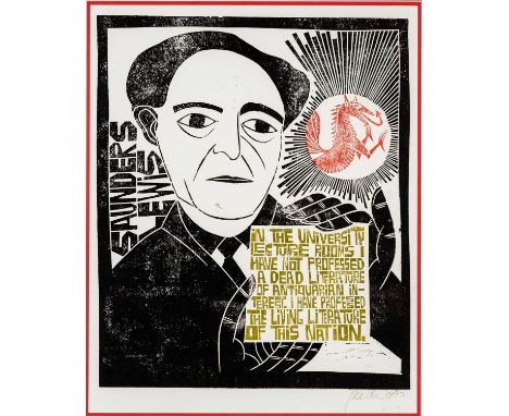 ‡PAUL PETER PIECH (1920-1996) three colour woodcut print - Saunders Lewis with 'In the University...', signed and dated 1992,