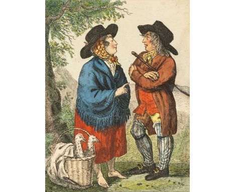 CRUIKSHANK AFTER WOODWARD coloured etching - entitled verso 'Full Length Figures of Welch Peasants' on Myles Wynn Cato label 