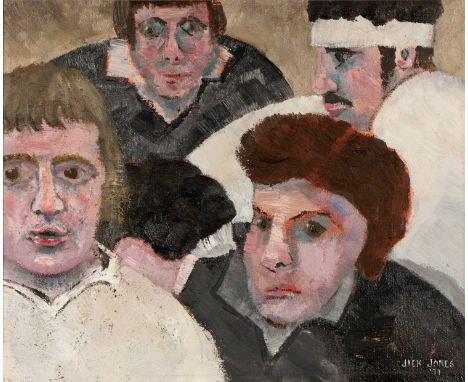 ‡JACK JONES (1922-1993) oil on board – entitled verso ‘Rugby Scene’ on Martin Tinney Gallery label, signed and dated ’77, 24.