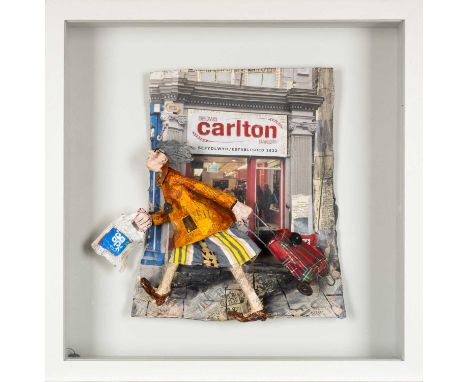 ‡LUNED RHYS PARRI (b.1970) mixed media and 3D construction - entitled verso, 'Rhuthro Heibio'r Siop Fara / Rushing Past the B