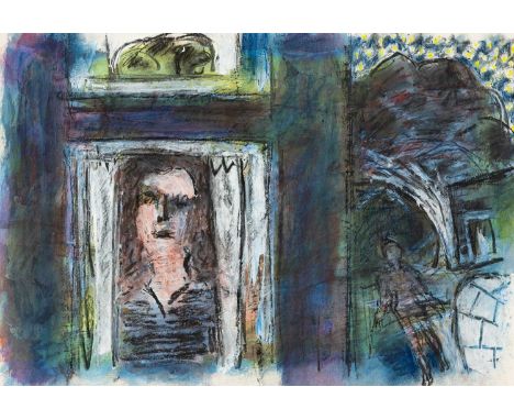 ERNEST ZOBOLE (1927-1999) mixed media - building with head at window and figure in street, 35 x 50cmsProvenance: from collect