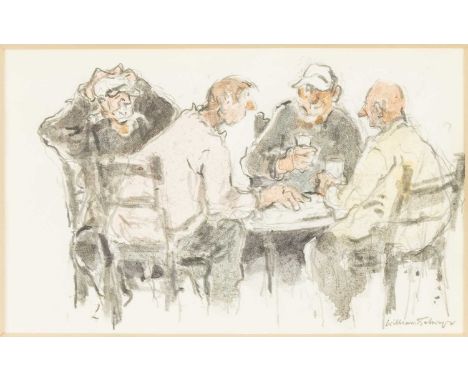 ‡WILLIAM SELWYN (b.1933) mixed media - entitled verso, 'Farmers at a Table' on Albany Gallery label, signed, 12 x 20cmsProven