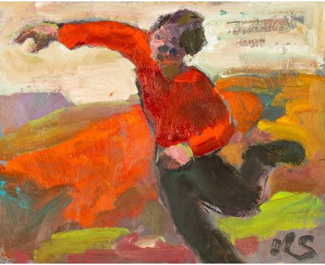 ‡ KEVIN SINNOTT (b.1947) oil on panel - entitled verso, 'Study for Trying to Catch the Wind' on Ffin Y Parc Gallery label, si