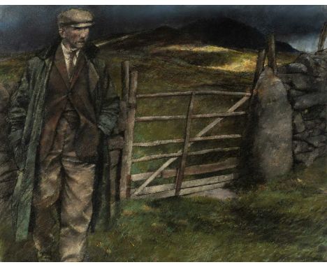 ‡KEITH BOWEN (b. 1950) pastel - standing farmer beside gate, signed and dated 1988, 54 x 68cmsProvenance: private collection 