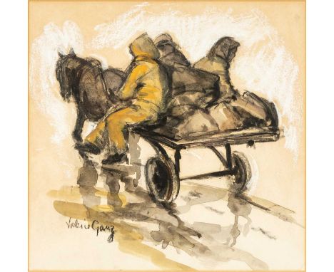 ‡VALERIE GANZ (1936-2015) mixed media - cockle pickers with horse and cart, signed, 26 x 26cmsProvenance: private collection 