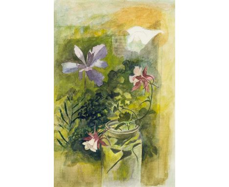 ‡JOHN ELWYN (1916-1997) watercolour - entitled 'Garden Flowers in a Glass Jar', 1970s, studio stamp verso, 44.5 x 30cmsProven