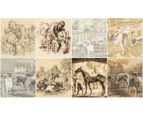 ‡CHARLES FREDERICK TUNNICLIFFE OBE RA (1901-1979) series of eight mixed media sketches, some coloured - farmers and their liv