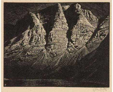 ‡JOHN PETTS (1914-1991) wood engraving - entitled verso 'The Three Crags' on Oriel Tegfryn Gallery label, signed in pencil, d