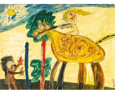 ‡IWAN BALA (b.1956) mixed media on paper - figure riding a horse, Rhiannon from the Mabinogi, signed and dated '84, 29 x 38cm