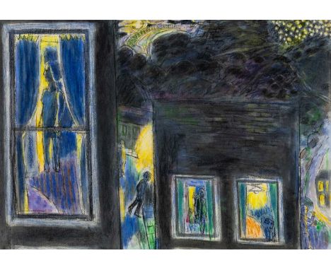 ‡ERNEST ZOBOLE (1927-1999) mixed media - entitled verso 'Figures at Window at Night' on Martin Tinney Gallery label, 64 x 91c
