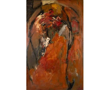 ‡TOM NASH (b.1931) oil on board - large abstract in orange and red, signed verso, 119 x 76cmsProvenance: private collection C