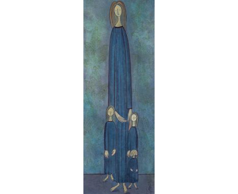 ‡ FRANCES RICHARDS (1903-1985) egg tempera - entitled verso, 'The Family' on Howard Roberts Gallery, Cardiff, signed with ini