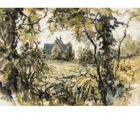 ‡VALERIE GANZ (1936-2015) mixed media - woodland scene with chapel and grounds, entitled verso, 'Manordeilo Church', signed, 