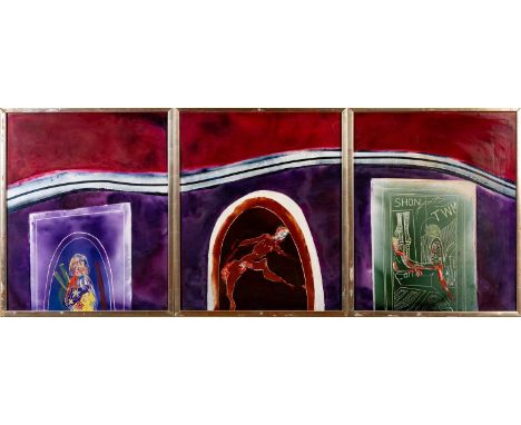 ‡TERRY JONES (1938-1992) oil on metal panel (triptych) - entitled verso, 'Twm Sion Cati', each panel is 55 x 45cmsProvenance: