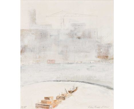 ‡JOHN KNAPP-FISHER (1931-2015) mixed media on paper - entitled verso, 'Thames Bridge', signed and dated, 18.5 x 16cmsProvenan
