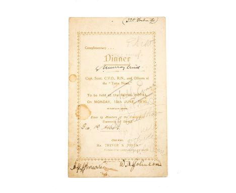 1910 SIGNED DINNER MENU CARD TO COMMEMORATE THE BRITISH ANTARCTIC EXPEDITION & THE DEPARTURE OF THE TERRA NOVA the cover prin