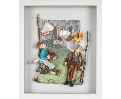‡LUNED RHYS PARRI (b.1970) mixed media and paper construction - a windy day with two figures and washing line, signed and dat