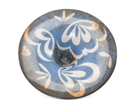 ‡MORGEN HALL (1960-2016) ceramic banana bowl, baby blue ground with white pattern, over circular base, signed underneath, 13 