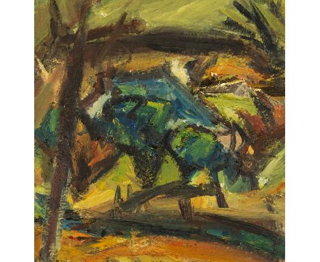 ‡PETER PRENDERGAST (1946-2007) oil on panel - entitled verso 'Blue Roof, Winter Landscape', dated verso 1998, 37 x 35.5cmsPro