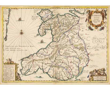 HUMPHREY LLWYD (1527-1568) Cambriae Typus Auctore hand coloured engraved map of Wales - decorated with a fine round cartouche