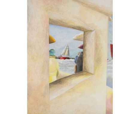 ‡EMRYS WILLIAMS (b.1958) acrylic on panel - entitled verso, 'Rendevous Near the Shelter' on Martin Tinney Gallery label, date