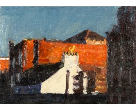 ‡MARK SAMUEL (b. 1956) oil on panel - Cardiff rooftops, entitled verso 'Jacob's Market' on Martin Tinney Gallery label, signe