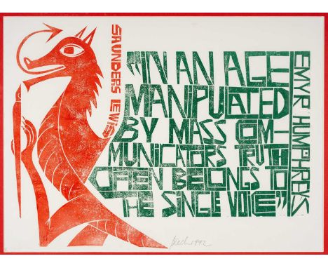 ‡ PAUL PETER PIECH (1920-1996) two colour woodcut print - quote from Welsh novelist and poet Emyr Humphreys, 'In an Age of Ma