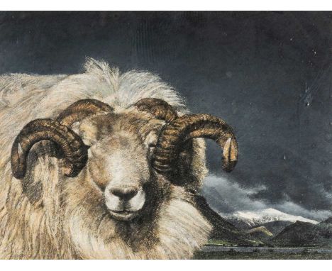 ‡KEITH BOWEN (b. 1950) pastel - study of a horned ram in winter landscape, signed and dated 1989, 54 x 73cmsProvenance: colle