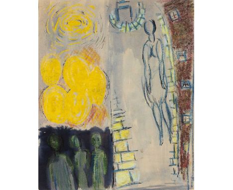 ERNEST ZOBOLE (1927-1999) mixed media on paper - street with figures and building, 30 x 25cmsProvenance: from collection held